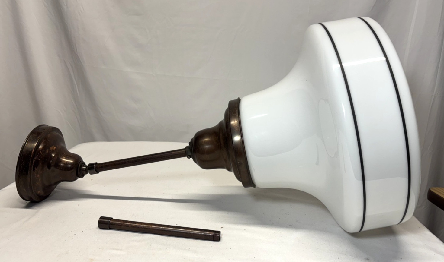 Schoolhouse Ceiling Light Fixture Vtg Art Glass Shade Black Stripes USA #L43