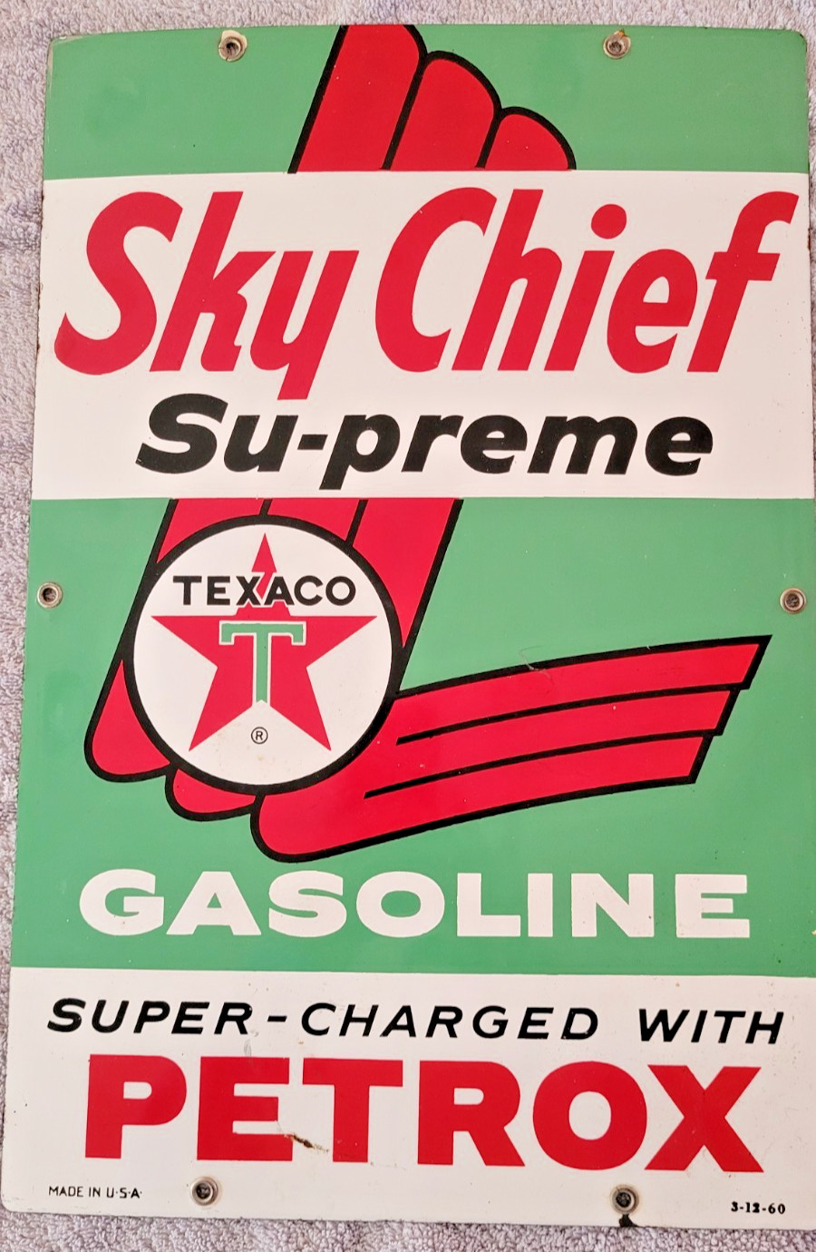Original 1960 Sky Chief Su-preme Texaco Petrox Porcelain Sign 18" x 12"