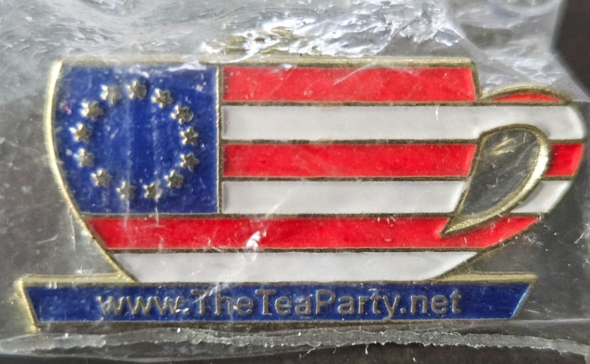 Vintage The Tea Party Lapel Pin Flag & Cup Gold Tone
