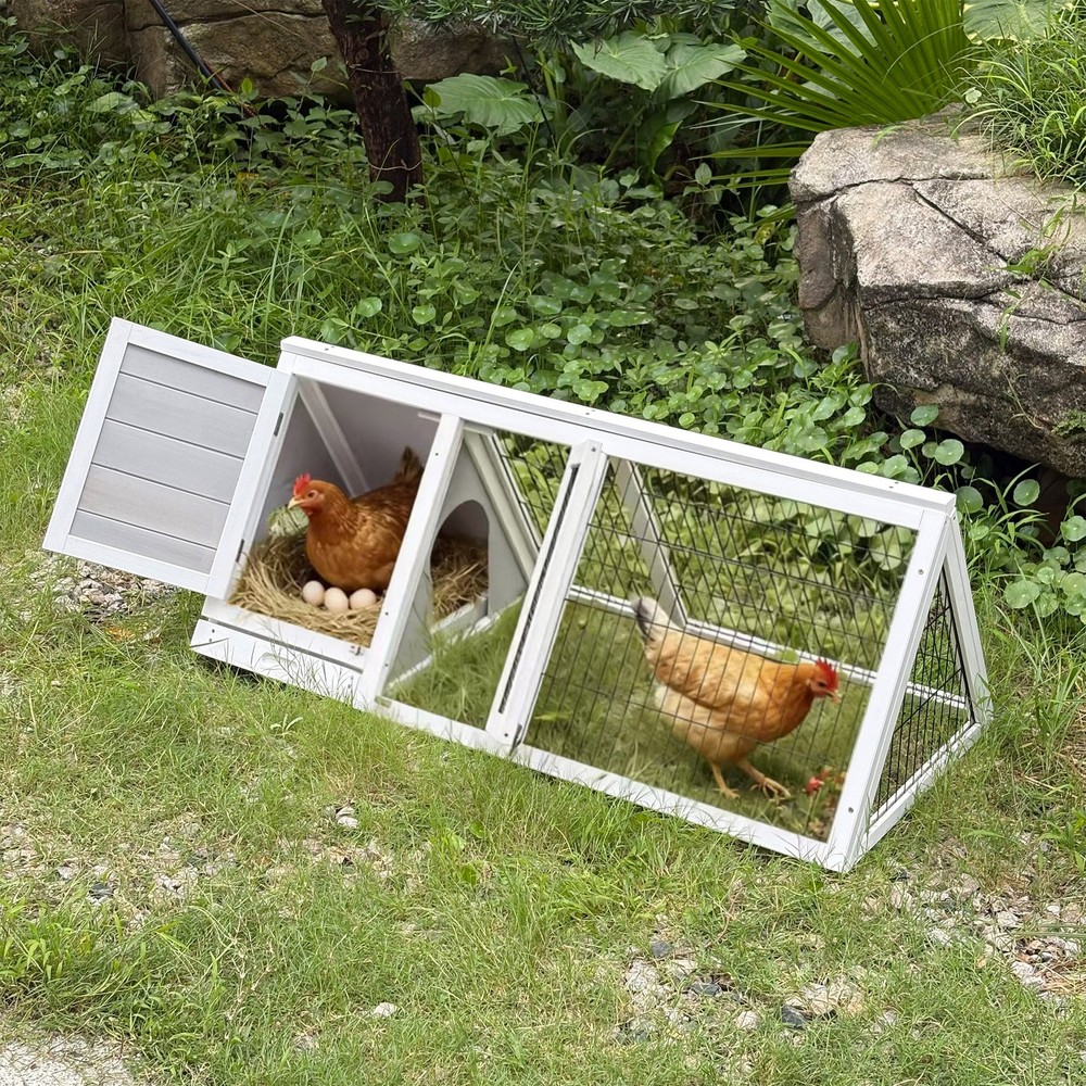 A-Frame Small Chicken Coop with Nesting Box, Egg Door & Wire Mesh Run, White