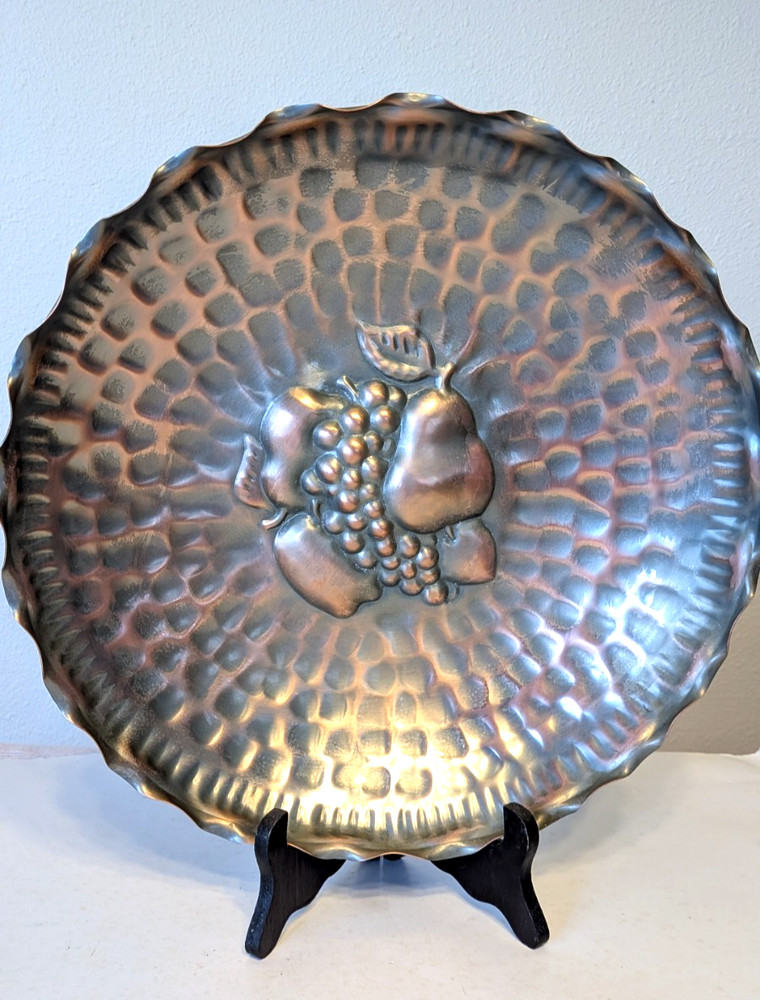 Vintage Gregorian Solid Copper Bowl  Hammered Fruit Wall Plate USA D 13"