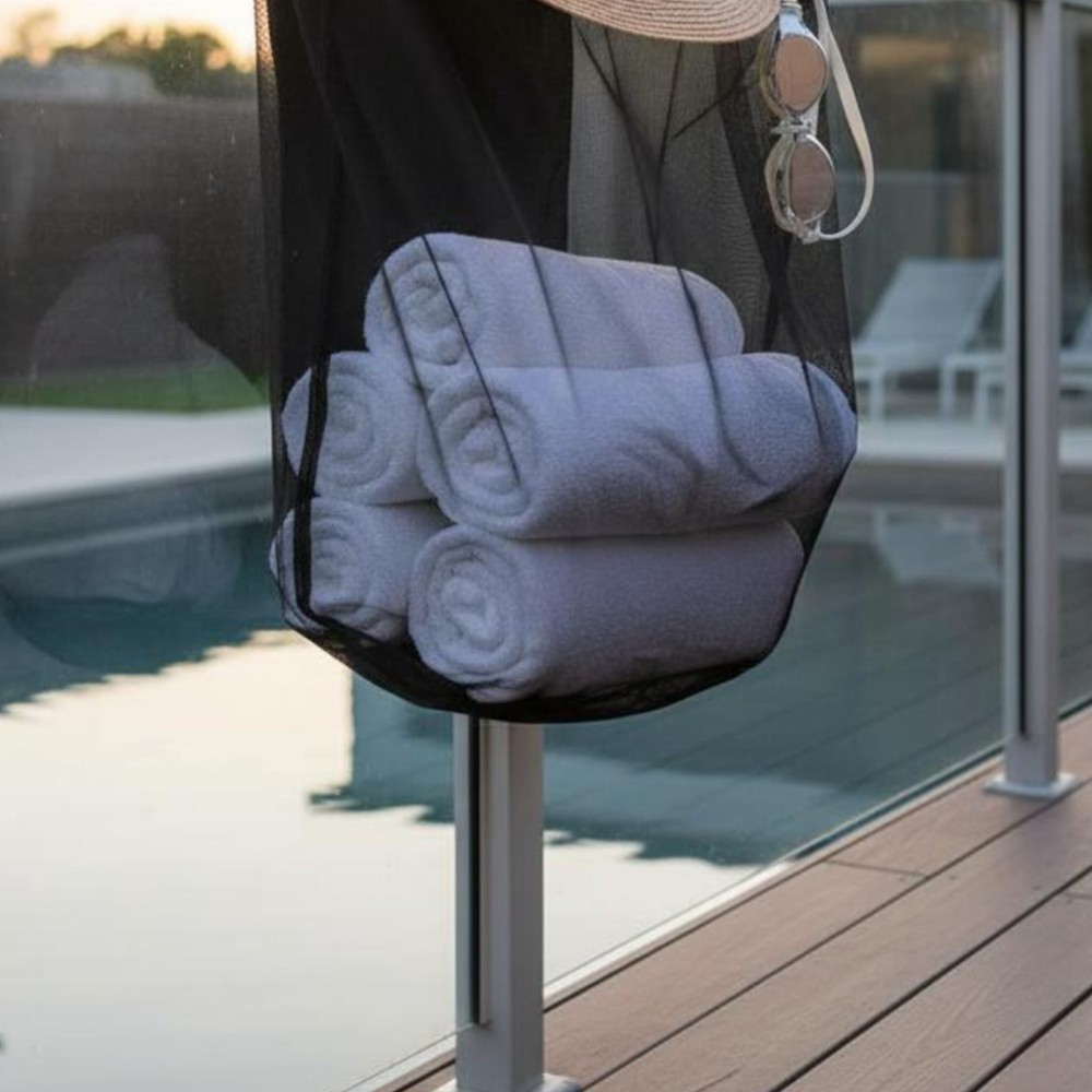 Fence Hanging Pool Organizer Adjustable Straps Poolside Hanging Mesh Bag