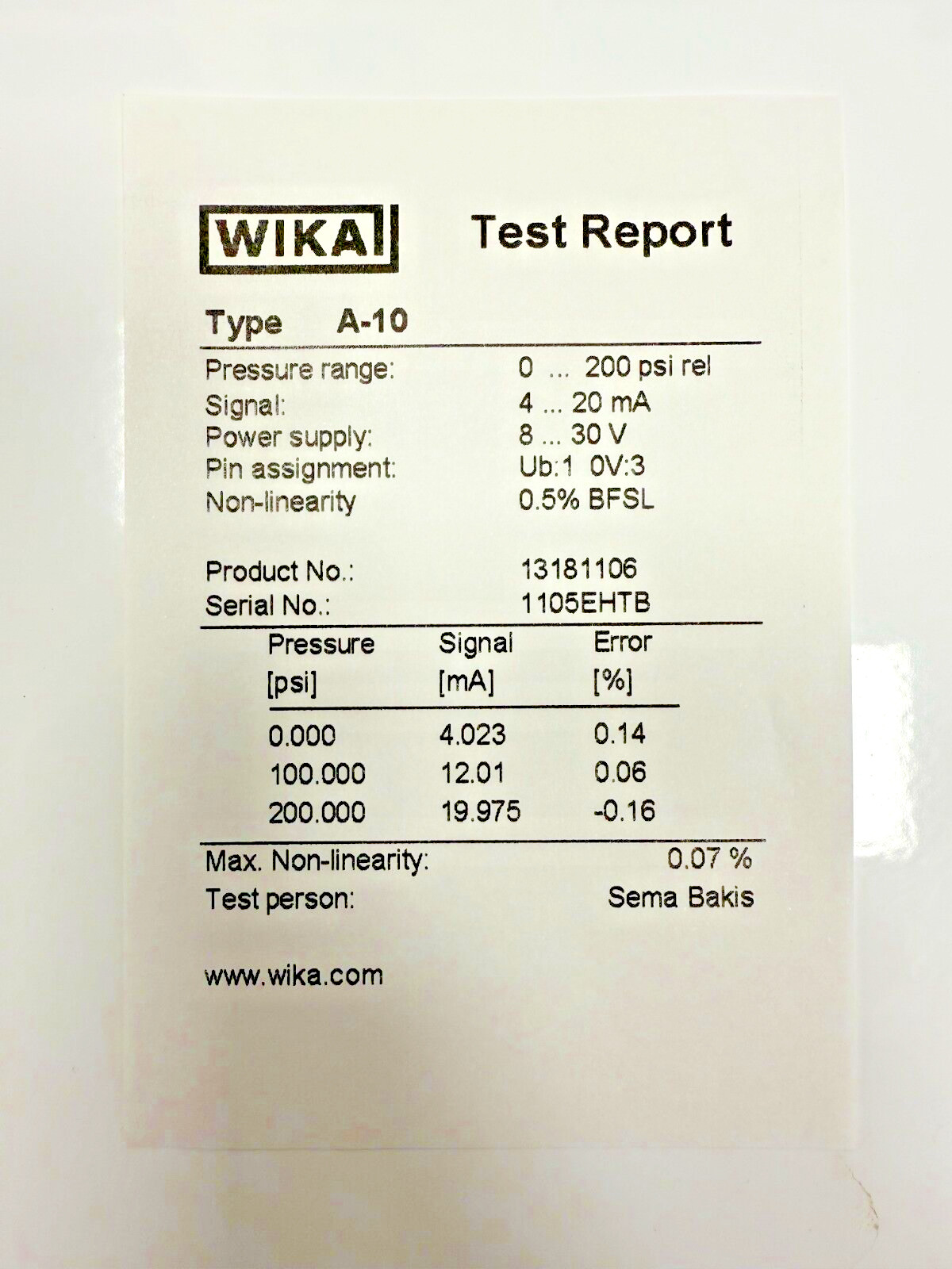 Wika pressure sensor A-10 0-200 psig 1/4" MPT
