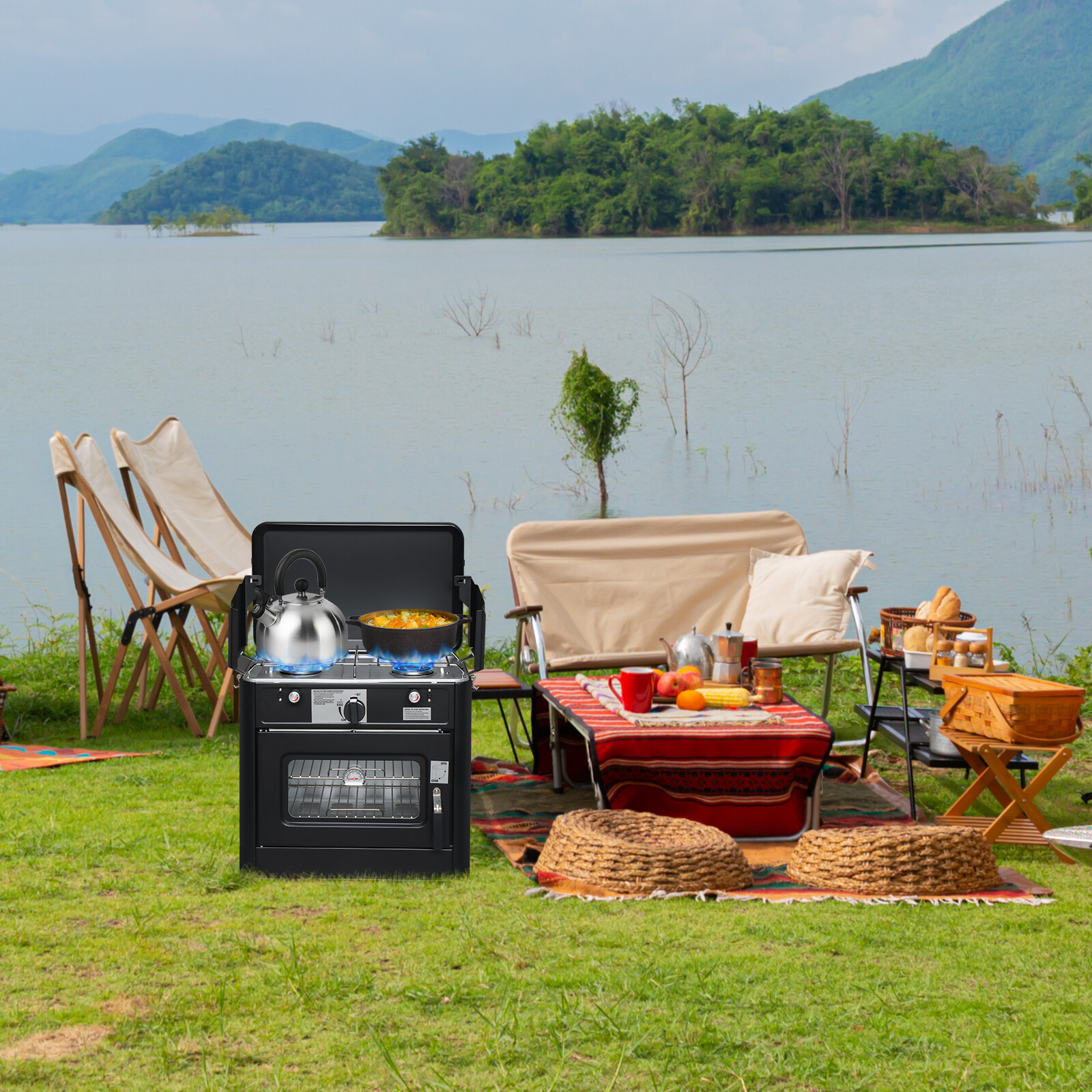 2-in-1 Portable Outdoor Camping 2 Burner Stove Propane Oven with Piezo Lgniter