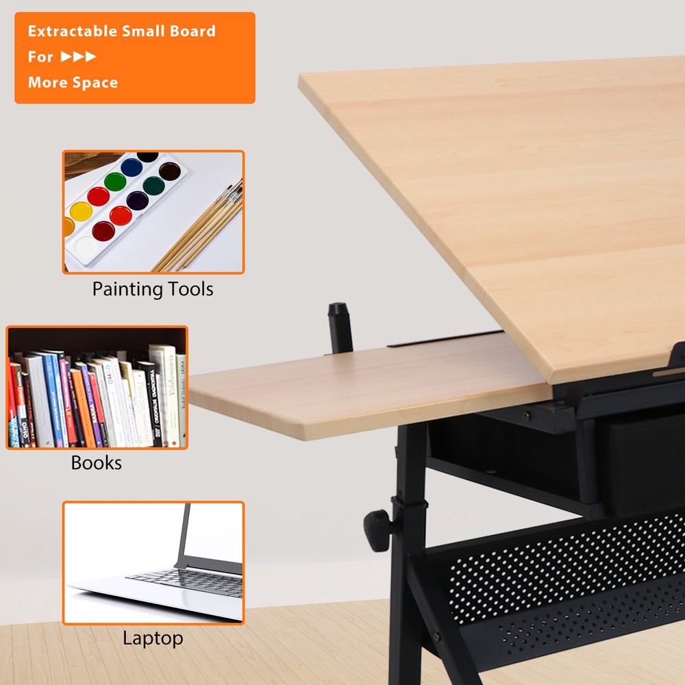Drafting Drawing Table Craft Tiltable Tabletop with Stool & 2 Drawers to Study