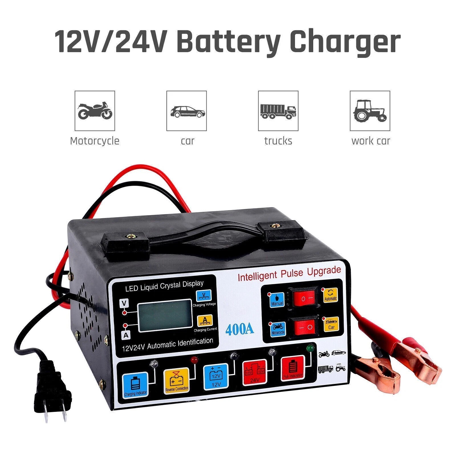 400A Heavy Duty Battery Charger 12V/24V Pulse Repair Car Battery Charger Trickle