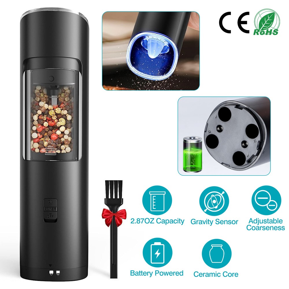 Automatic Gravity Electric Salt Pepper Grinder LED Set Adjustable Coarseness