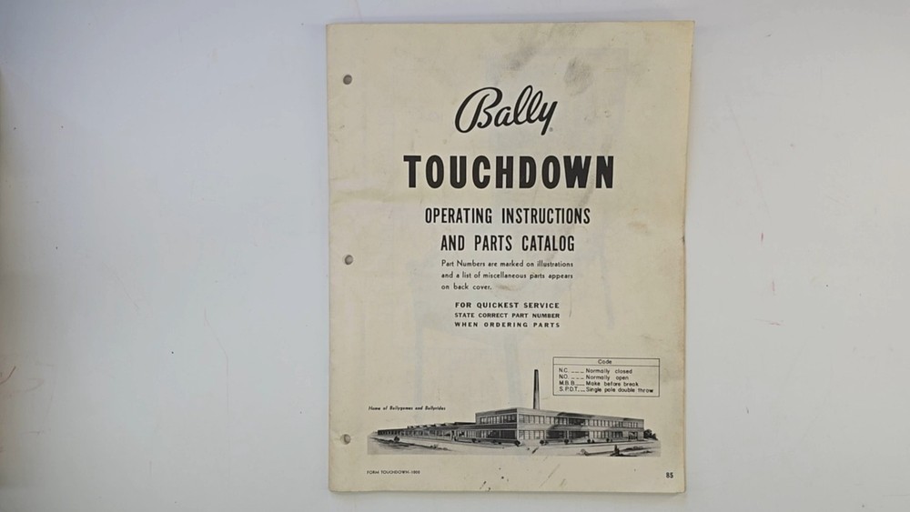 Bally "Touchdown" Operating Instructions & Parts Catalog Original OEM