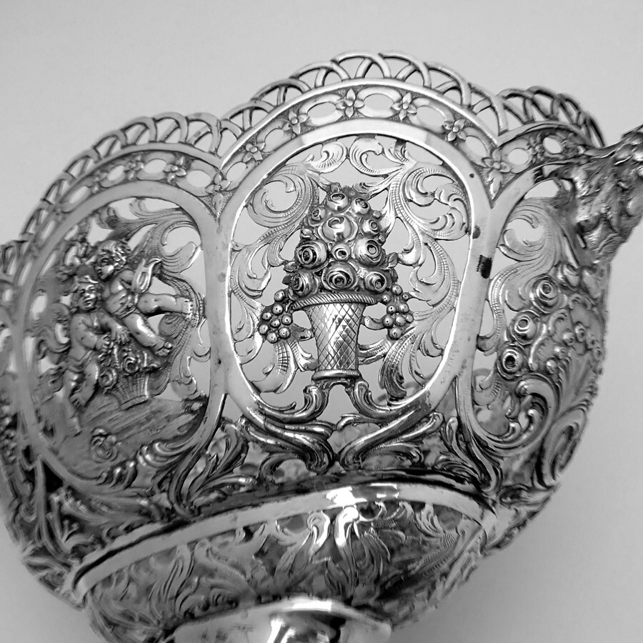 Ornate Footed Basket Open Work Designs Figural Handles 800 Silver