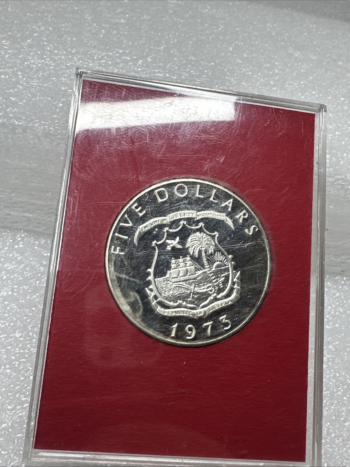 1973 LIBERIA - 5 DOLLARS - ELEPHANT - 1 Oz PROOF SILVER CROWN - US MINT RED CASE