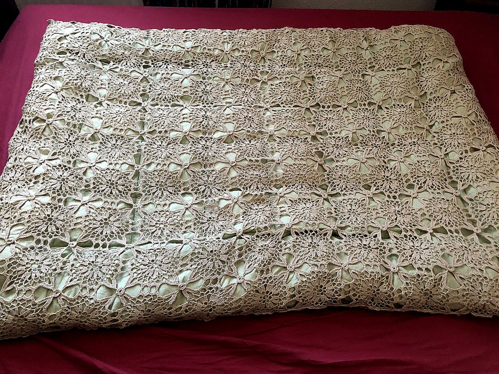 vintage single green eiderdown with raw cotton lace outer cover~ ( 2 available)