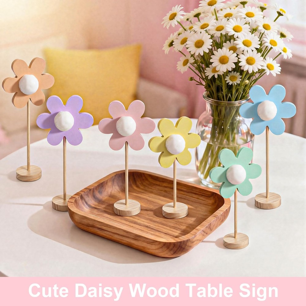 6 Pack Pastel Spring Table Decorations Daisy Centerpieces for Tables Easter Wood