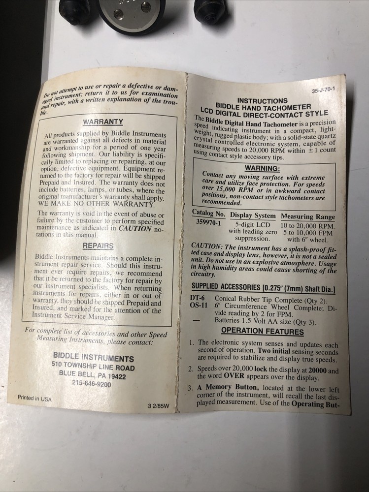 Biddle 359970-1 Hand Tachometer