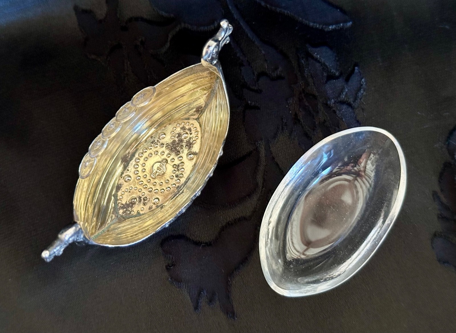 Vintage 925S Sterling Silver Viking Ship Salt Cellar Clear Glass Liner Insert