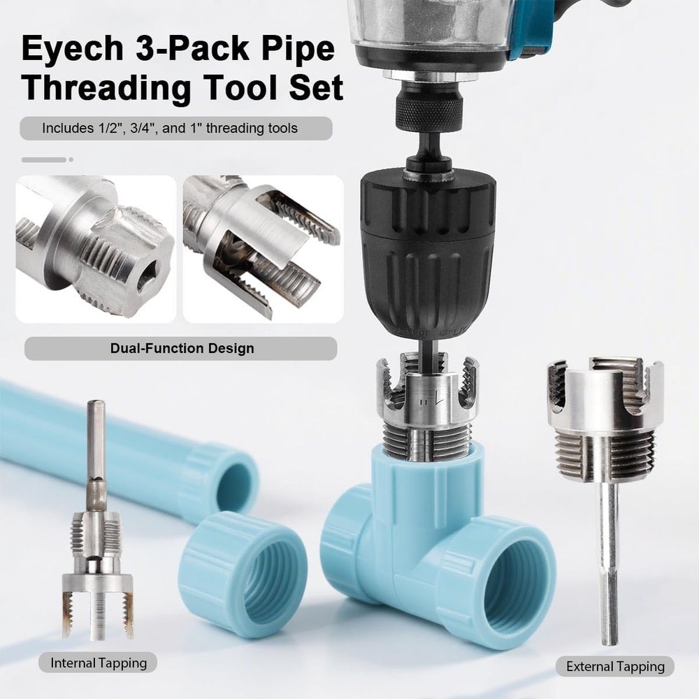 3Pcs PVC Pipe Threader Kit 1/2" 3/4" 1" NPT Integrated Internal & External Pipe