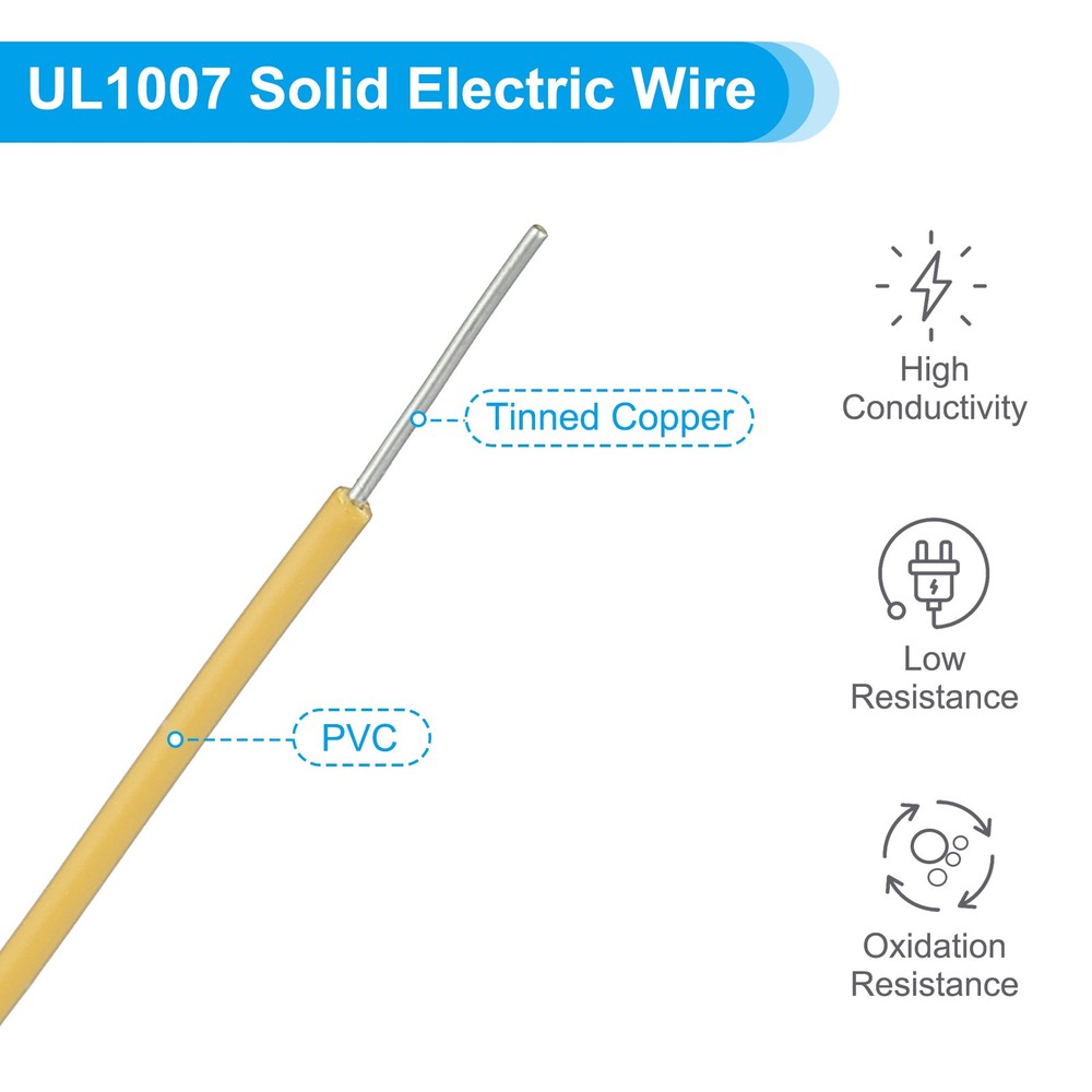 24AWG Solid Electric Wire, 49Ft Hook Up Tinned Copper Wire, Yellow