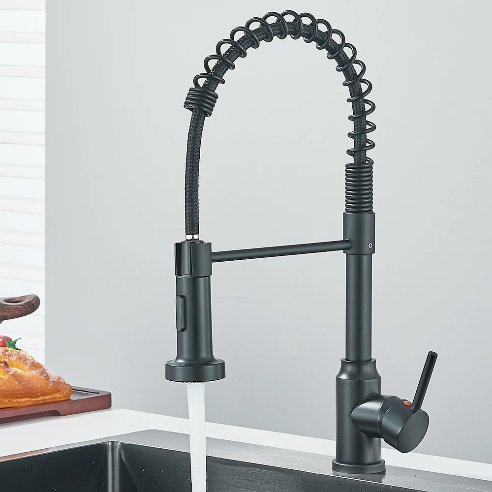Matte Black Kitchen Sink Faucet Spring Pull Down Sprayer Single Handle Mixer Tap