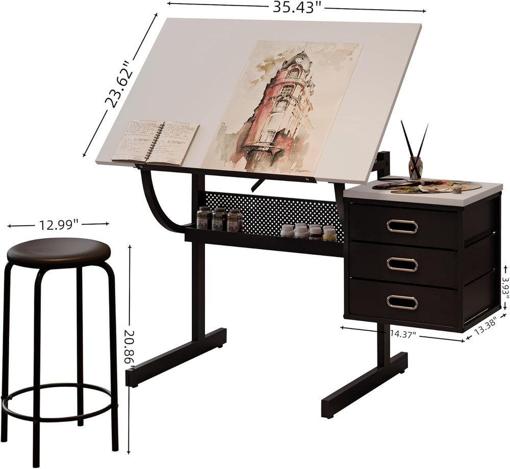Adjustable Drafting Table with Stool & Storage Art Desk for Drawing Crafting