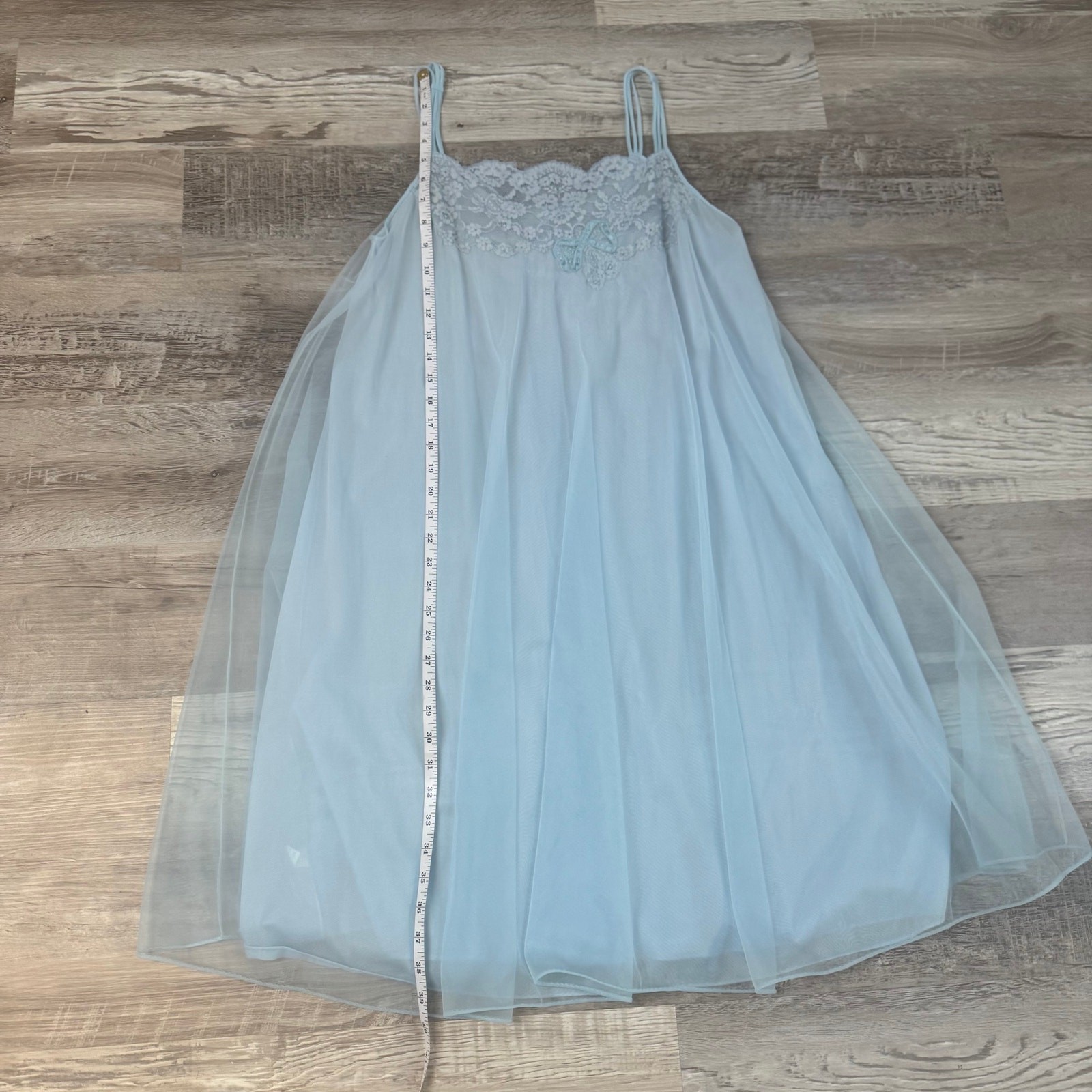 Vintage Van Raalte Blue Sheer Nylon Lace Slip Dress Nightgown 60s Small