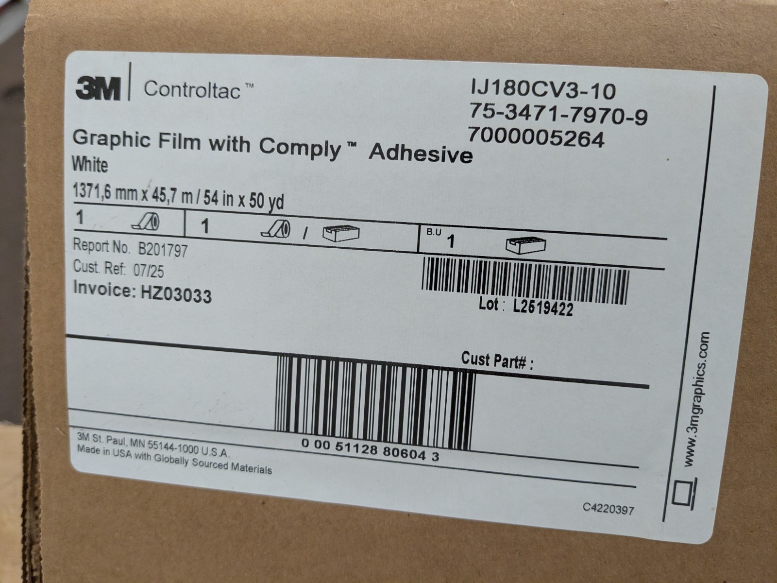 3M Controltac Graphic Film w/ Comply Adhesive 50 YD. x 54 IN. White IJ180CV3-10