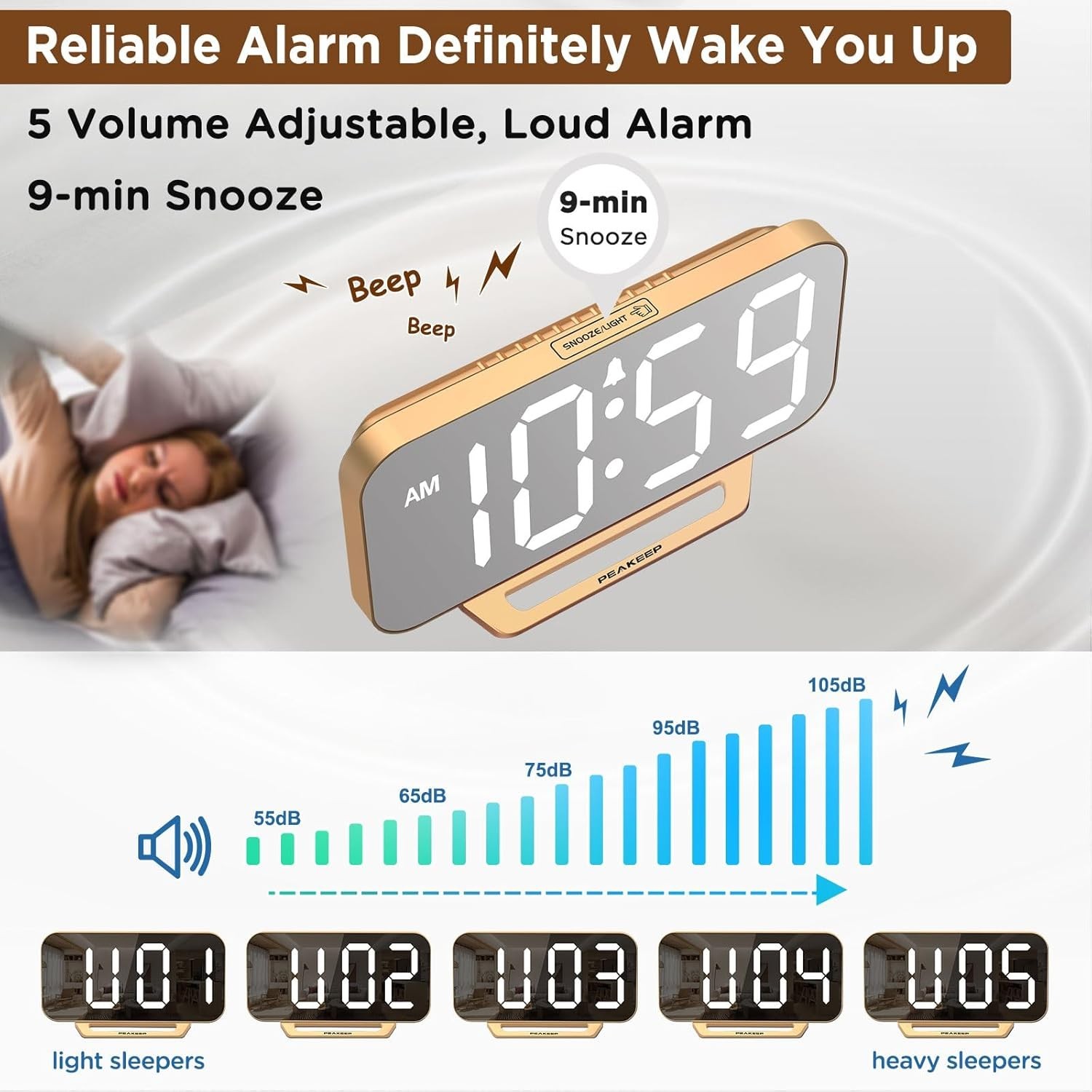 Minimalist Digital Alarm Clock - Stylish Mirror Design with 6 Brightness Levels