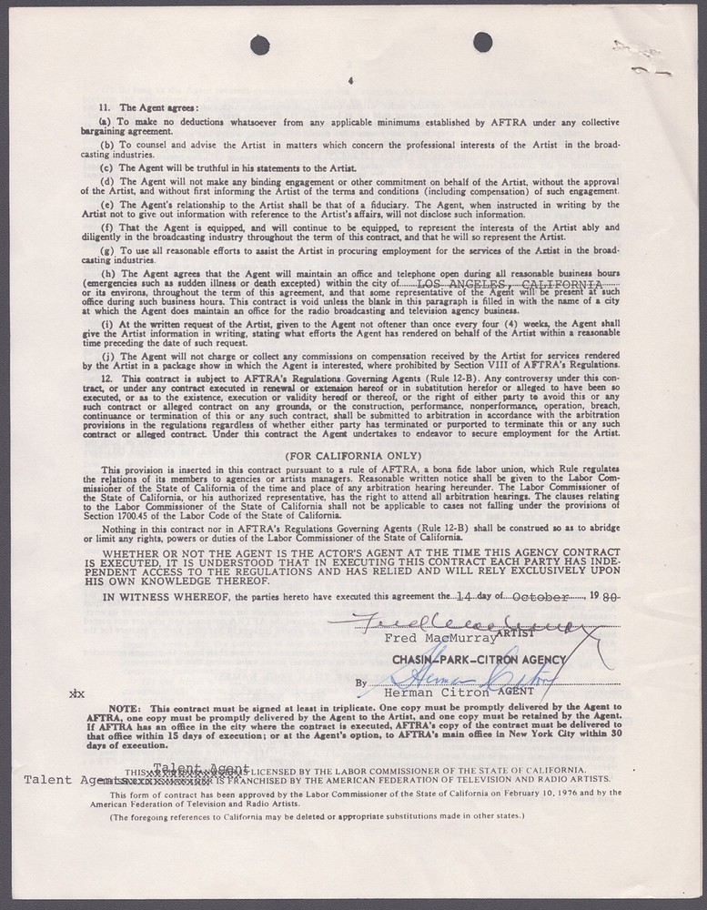 FRED MacMURRAY - CONTRACT SIGNED 10/14/1980