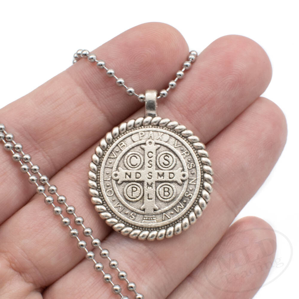 Knot Border Saint St Benedict Medal Pendant Necklace 24" Ball Chain Silver Tone