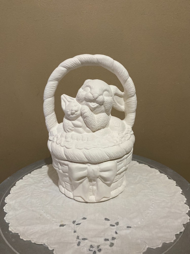 Bunny in a Basket Box Rabbit Easter Spring Ceramic Bisque Ready to Paint