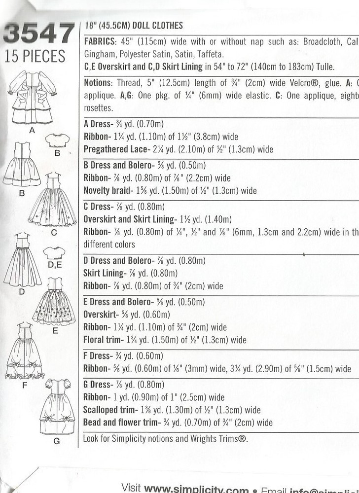 3547 Simplicity Sewing Pattern 18" Doll Clothes Dresses Boleros