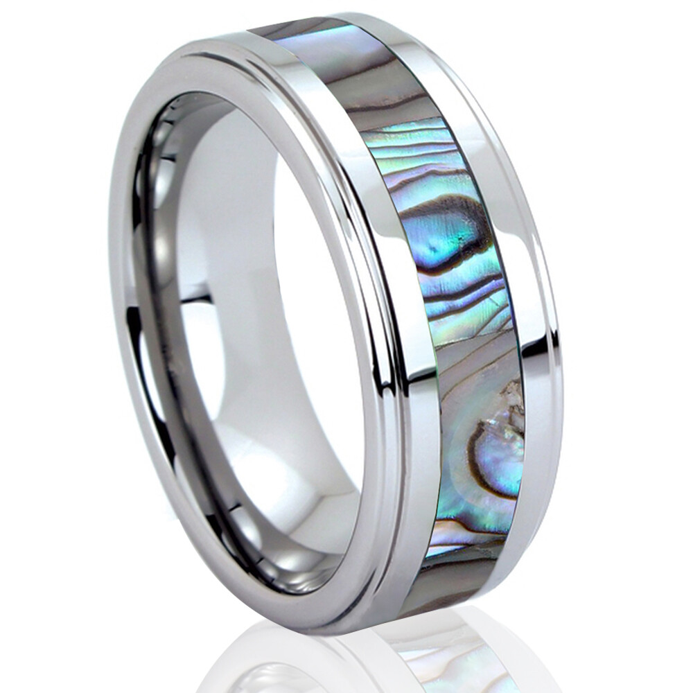 His Hers Tungsten Carbide Men Silver Wedding Band Promise Ring Abalone Shell SET