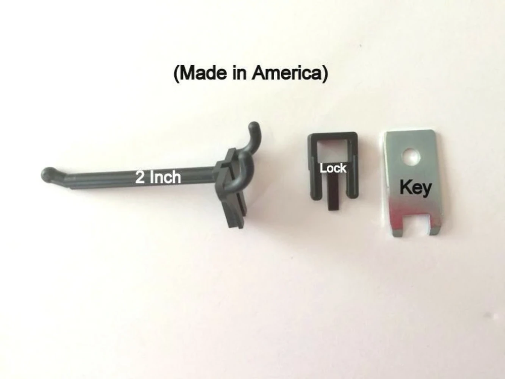 (50 PACK) 2 Inch Locking Black Plastic Pegboard Peg Hooks (50 Locks 4 Keys)