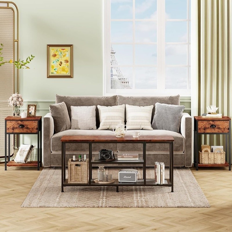 Sturdy Nightstand W/ Fabric Drawer Open Shelves Multi-function Side Table Brown