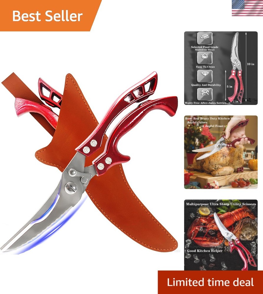 Versatile Heavy-Duty Kitchen Scissors - Non-Slip Red Handles & Leather Sheath