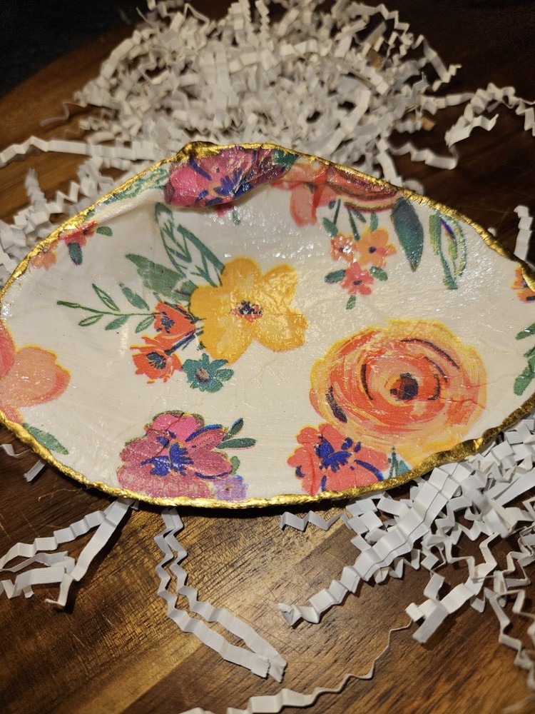 Handmade Floral Decorative Shell Dish Gold Trim
