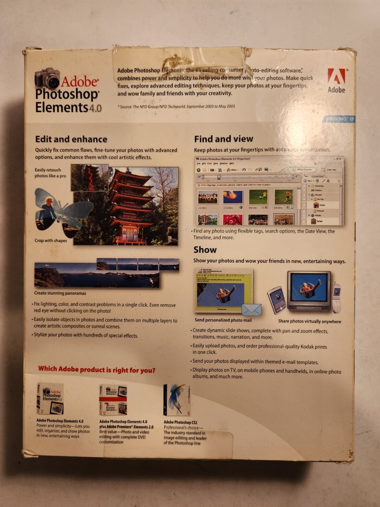 NEW OPEN BOX ADOBE Photoshop Elements 4.0 FOR WINDOW XP