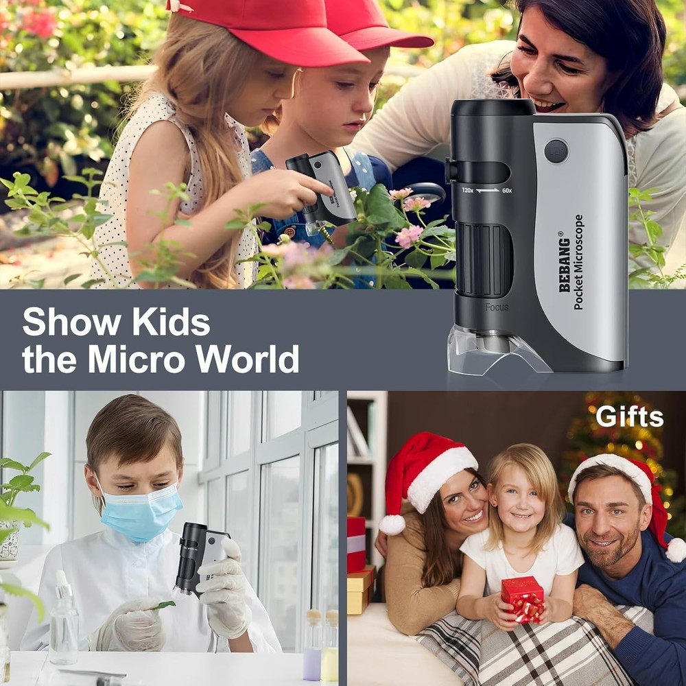 Pocket Microscope,60X-120X Handheld Mini Microscope for Kids with LED - BEBANG