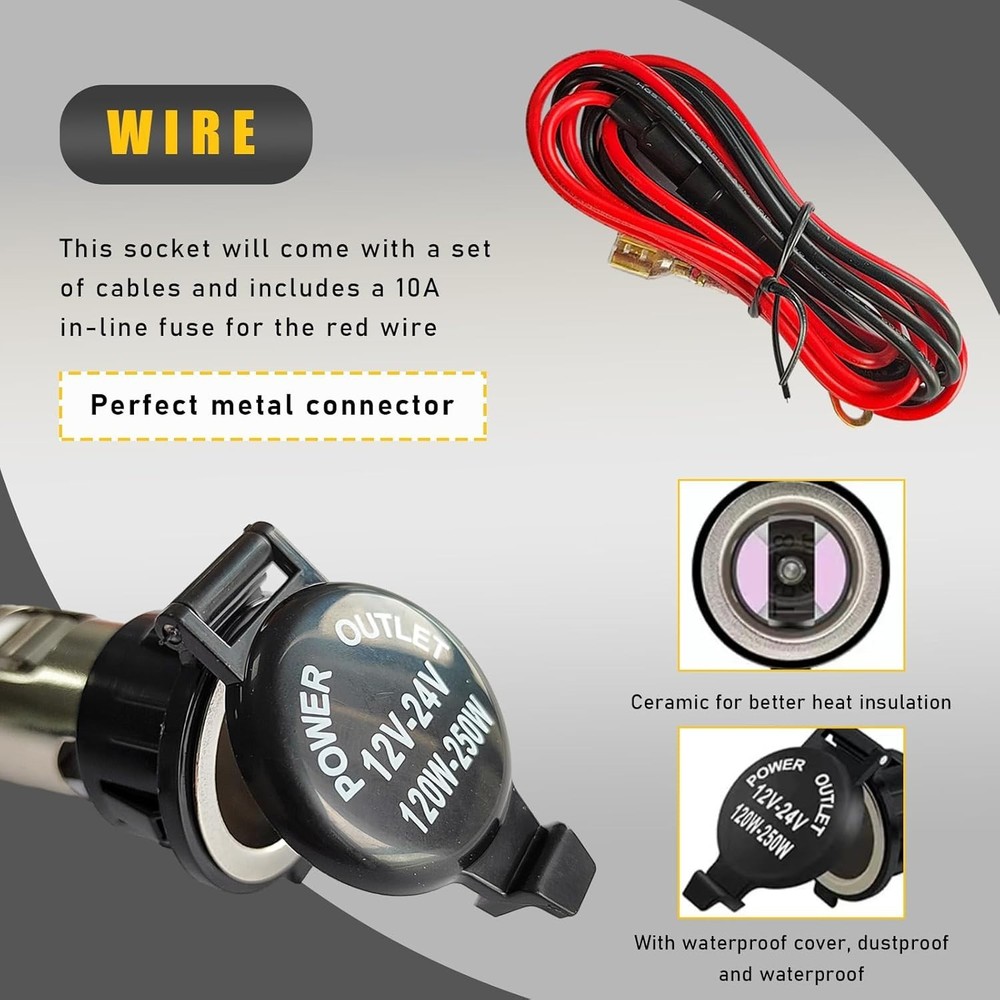 1PCS , 12V Waterproof Auto Cigarette Lighter Adapter with Extension Cable, Ve...