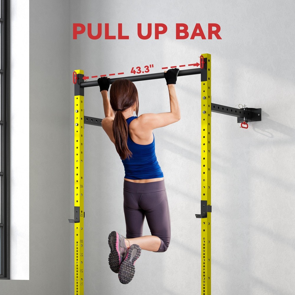 Folding Squat Rack with Pull Up Bar, 1000 Pounds Capacity, Yellow