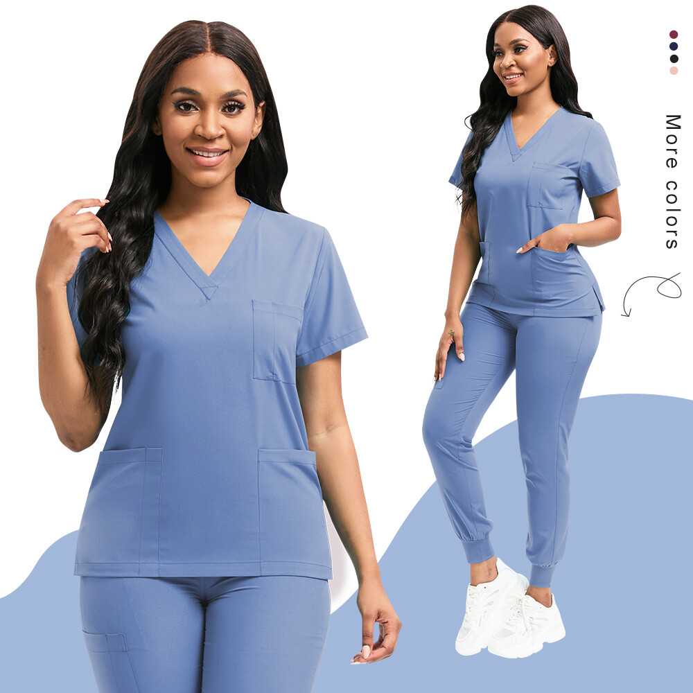 Stretch Medical Nurse Scrub Uniform Women Scrub Set V-Neck Top Jogger Pants