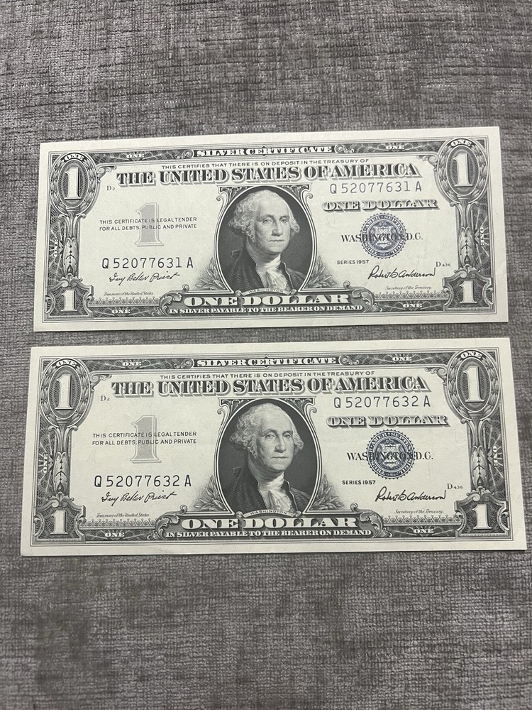 2 Consecutive $1 Silver Certificates - Series 1957 - Sequential Pair - Crisp UNC