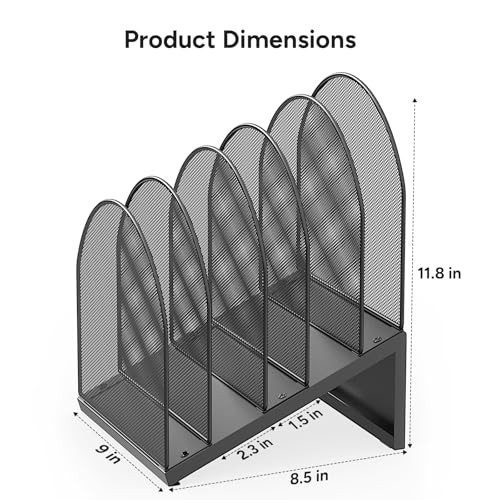 5-Section Desk File Organizer, Metal Mesh Folder Organizer for Documents, Black