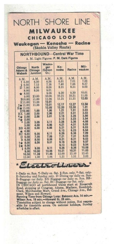 1942 North Shore Loop Schedule Milwaukee  to Chicago Electicliners Interurban