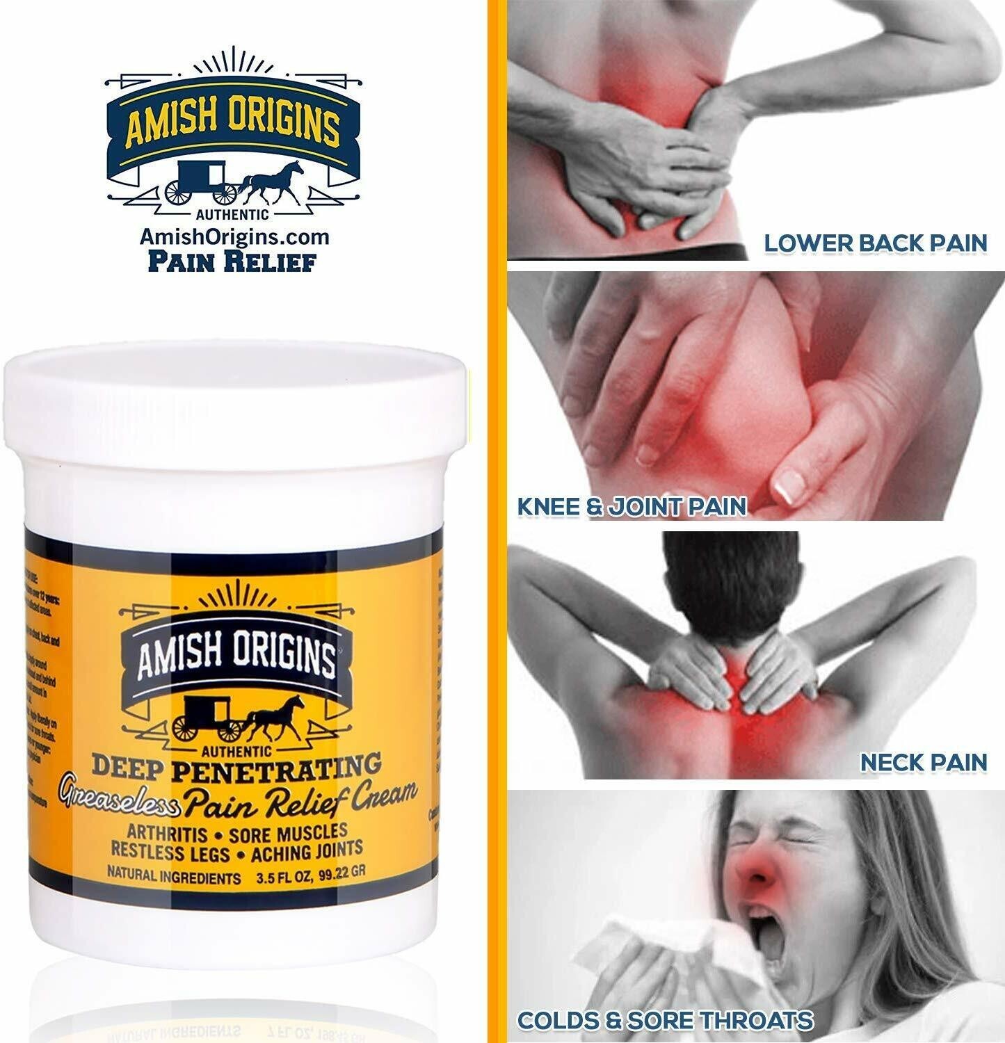 Amish Origins Deep Penetrating Pain Relief Cream Restless Legs Arthritis 3.5 oz