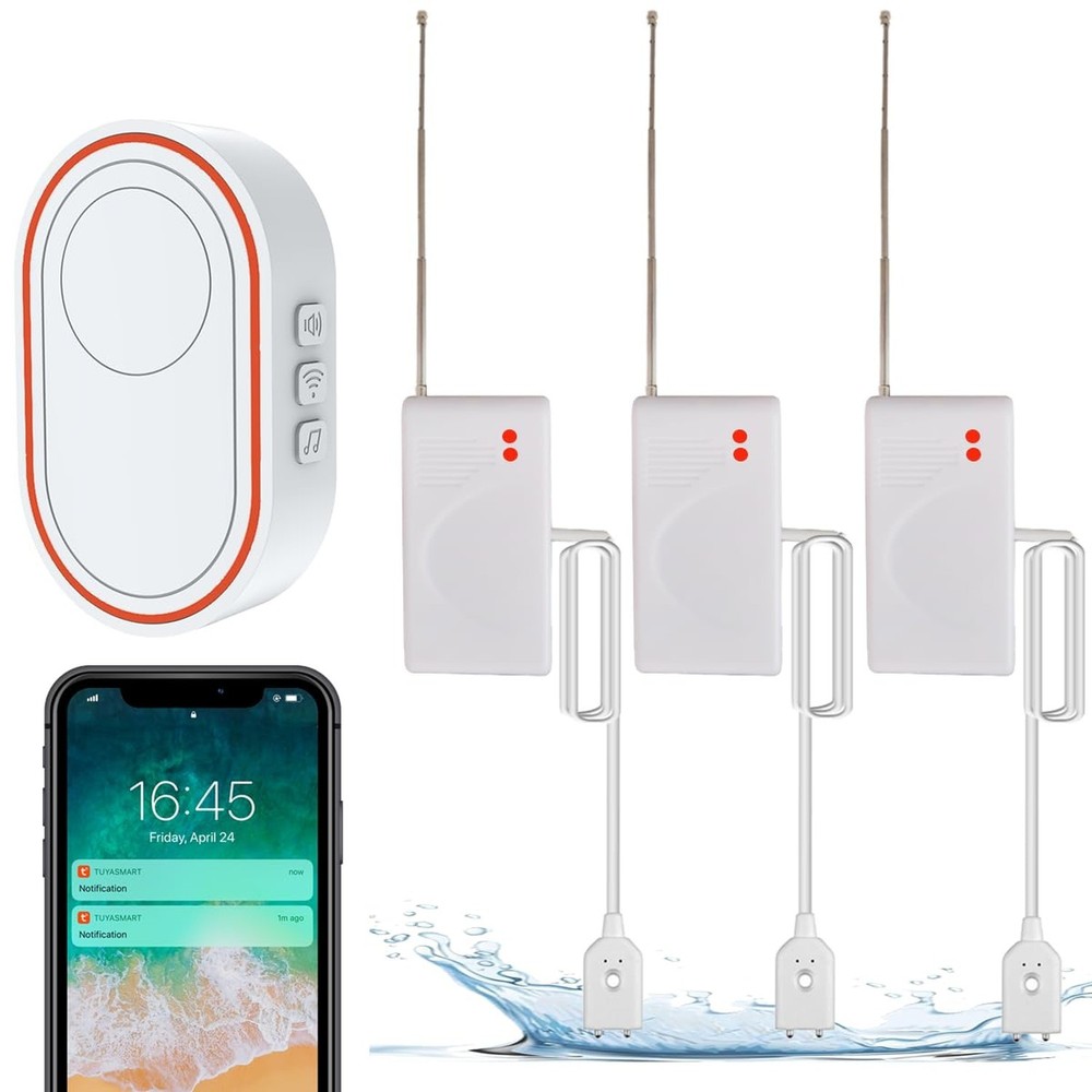 Water Detector Kit: 1 Smart Hub + 3 Leak Sensor (Silent), Water Sensor with E...
