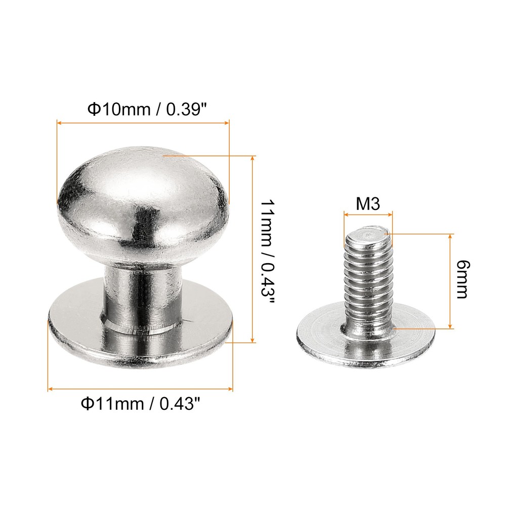 10mm Ball Head Stud Rivets Screw Back, 20Pack Round Head Button, Silver Tone