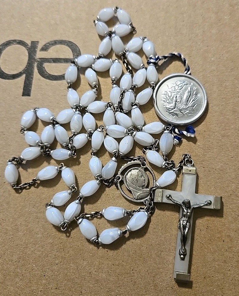 Vtg White Satin Glass Rosary Holy Water Crucifix Lourdes Water