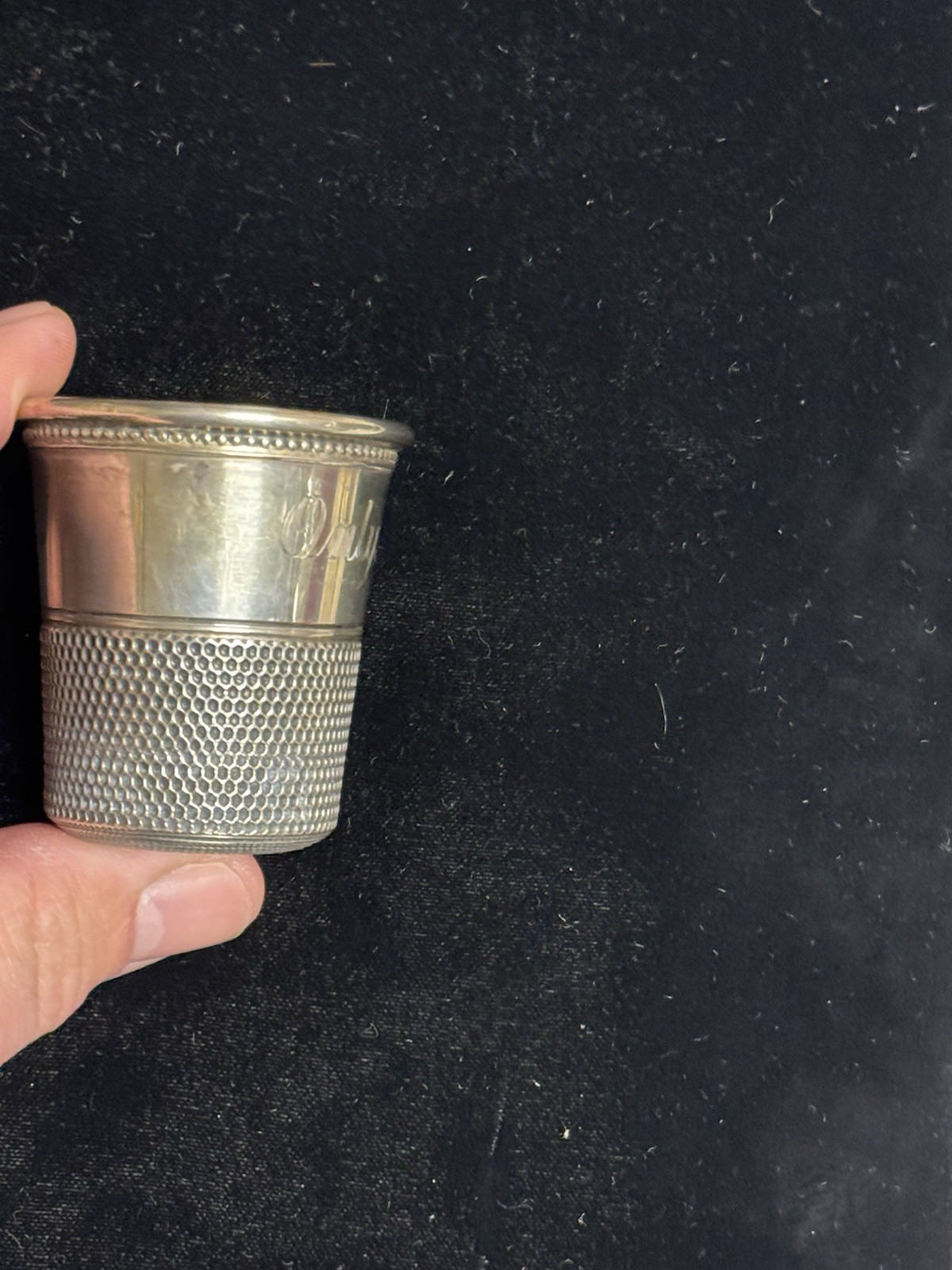 Antique Sterling "Only A Thimble Full" Shot Glass By Charles Thomae