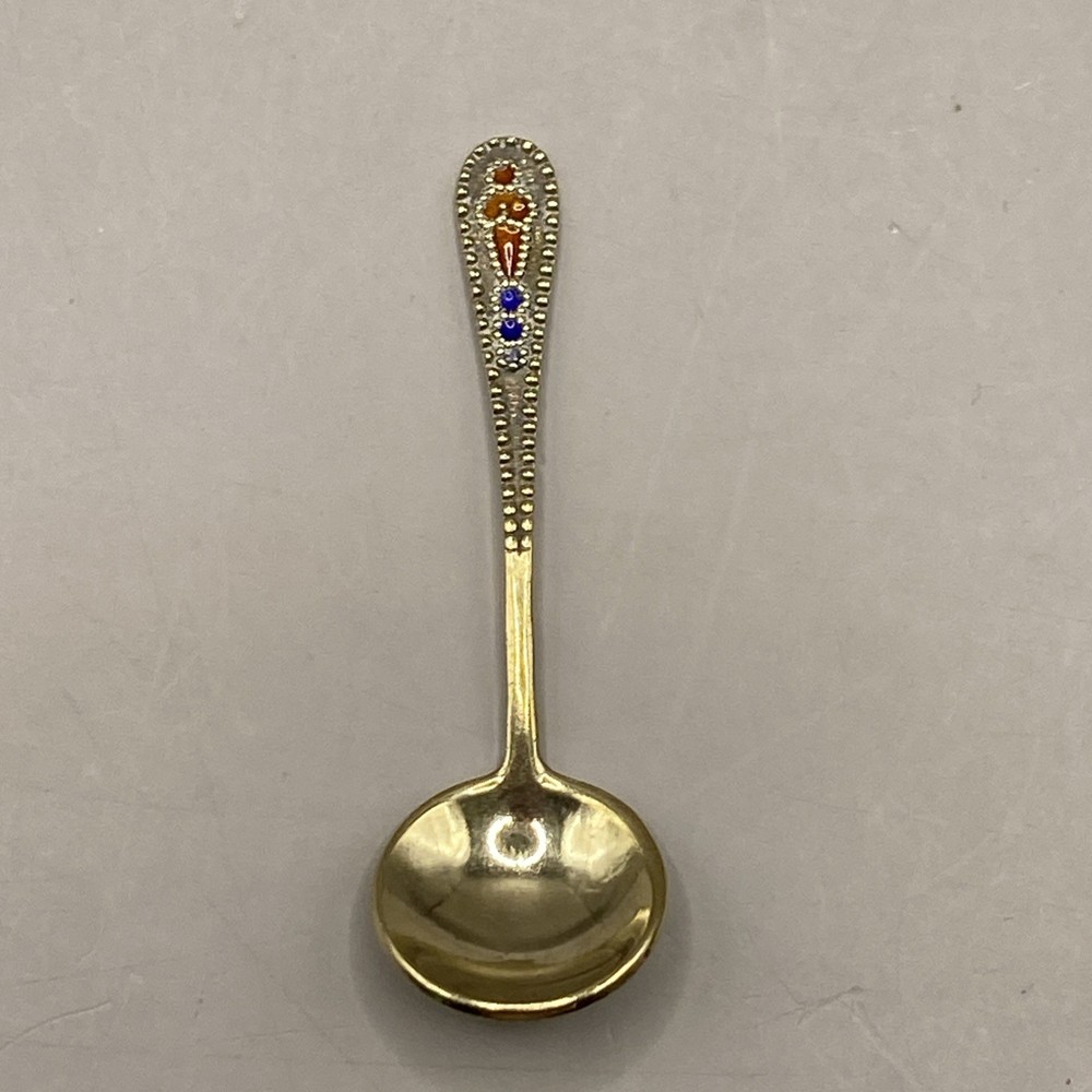 Soviet c.1908 Russian Enamel Silver Salt Spoon Marked 875 3rd Artel Workshop