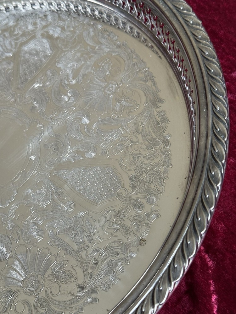 VTG Silver-plate 13” Tray Oneida USA with Scroll Etching Raised Rim Pierced.