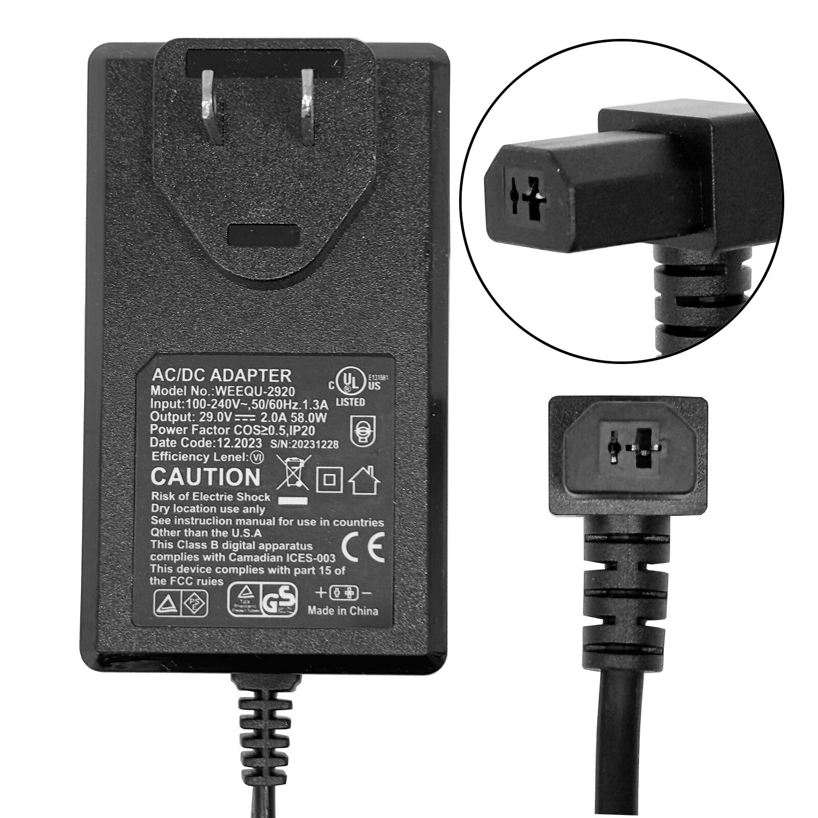 Power Supply for Motion Furniture 29V 2A 58W 90° 2 Prong Plug ZB-H290020A-C